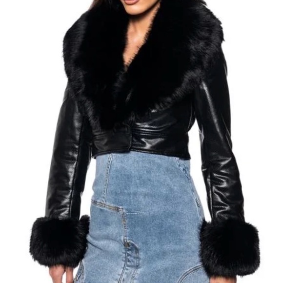 Faux Fur Crop Croc Moto Jacket in Black - Picture 5 of 7